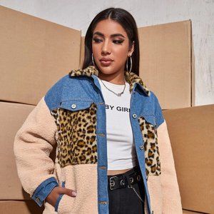 Color Block / Leopard Print Faux Sherpa Denim Jacket (Large)